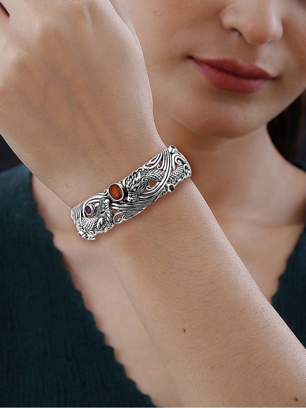 Bali Style Sterling Silver Dragon Cuff Bracelet with Orange Kyanite